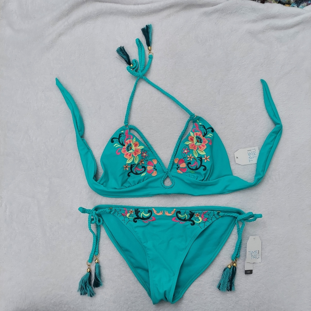 Embroidered and Tasseled Teal Two Piece Swimsuit
